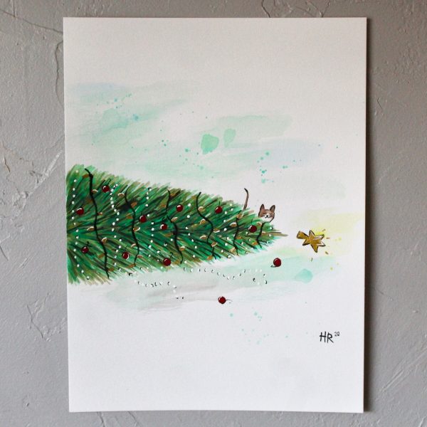 Christmas With Cats Watercolor Art Print