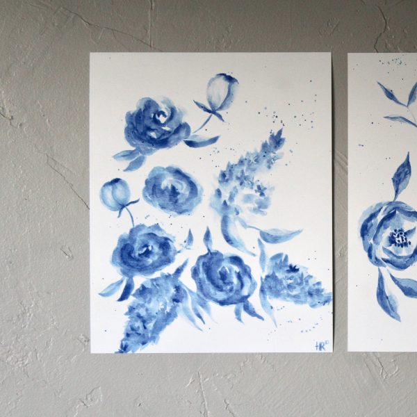 Blue and White Floral Botanical Watercolor Print Set (2) - Image 2