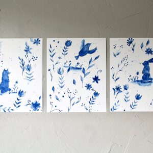 Blue and White Folklore Watercolor Print Set (3)