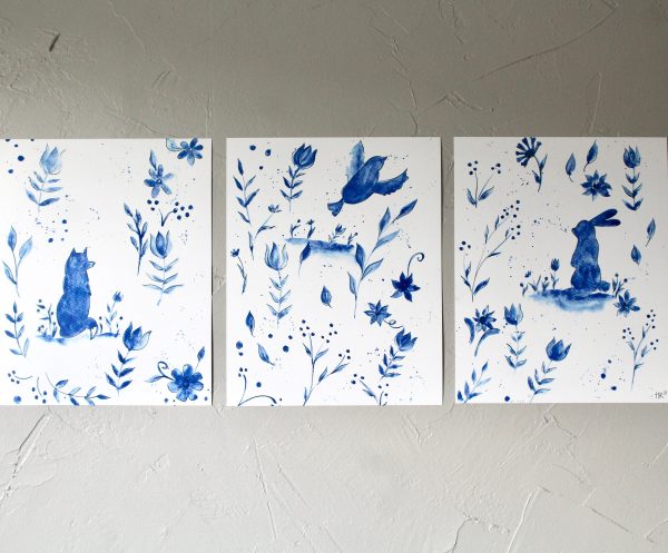Blue and White Folklore Watercolor Print Set (3)