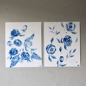 Blue and White Floral Botanical Watercolor Print Set (2)