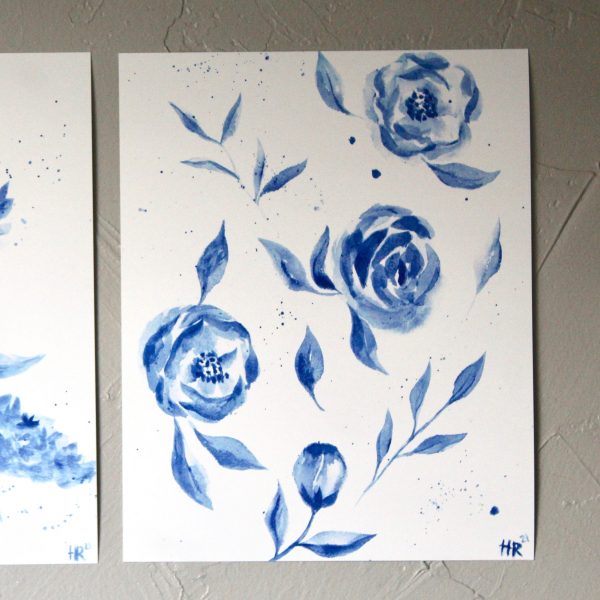 Blue and White Floral Botanical Watercolor Print Set (2) - Image 3