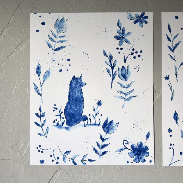 Blue and White Folklore Watercolor Print Set (3) - Image 2