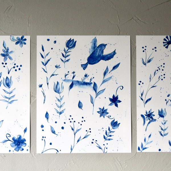 Blue and White Folklore Watercolor Print Set (3) - Image 3