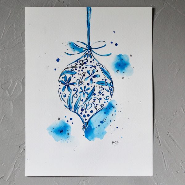 Blue and White Ornament Watercolor Print