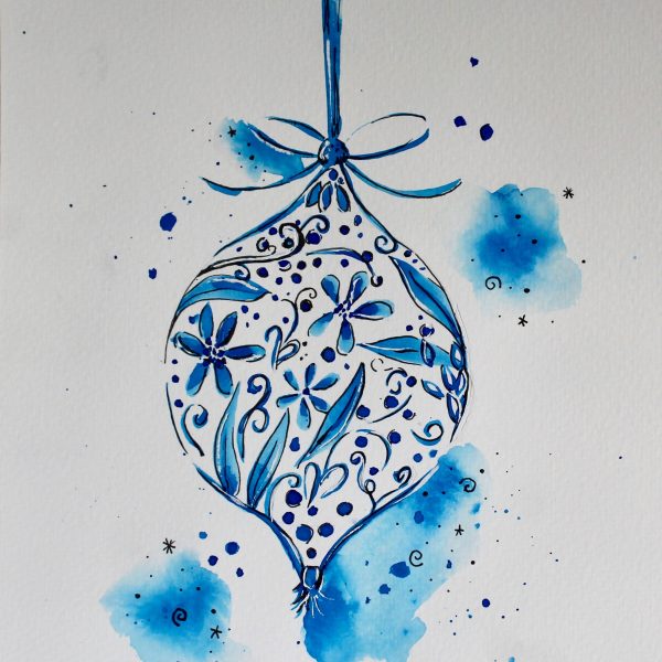 Blue and White Ornament Watercolor Print - Image 3