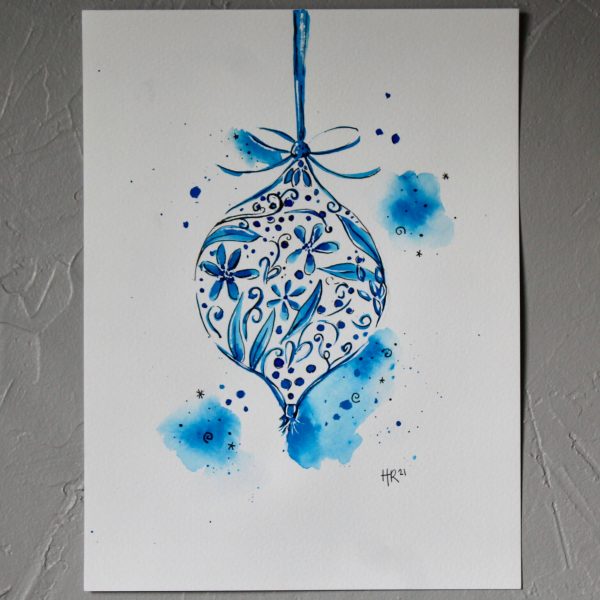 Blue and White Ornament Watercolor Print - Image 2